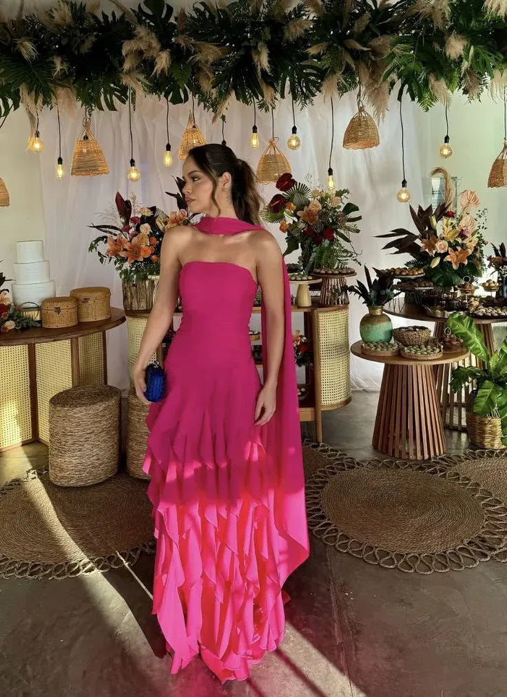 Vibrant A-Line Strapless Ruffled Hot Pink Maxi Prom Dress for Women ready to ship