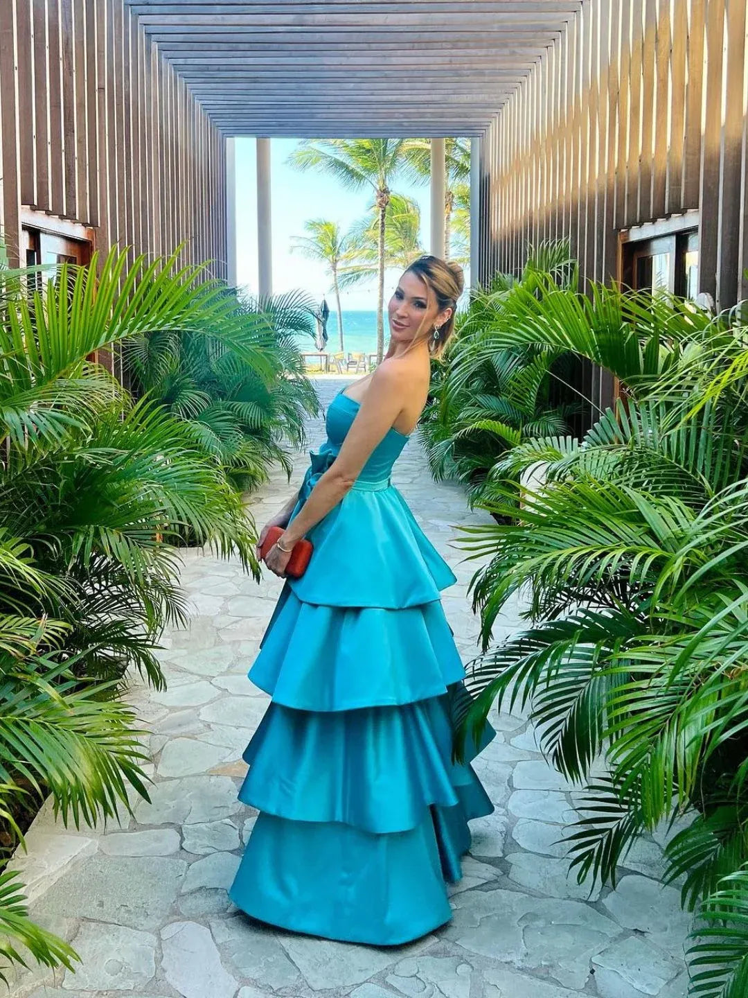 Vibrant A-Line Strapless Sleeveless Tiered Turquoise Long Prom Dress for Women For Sale