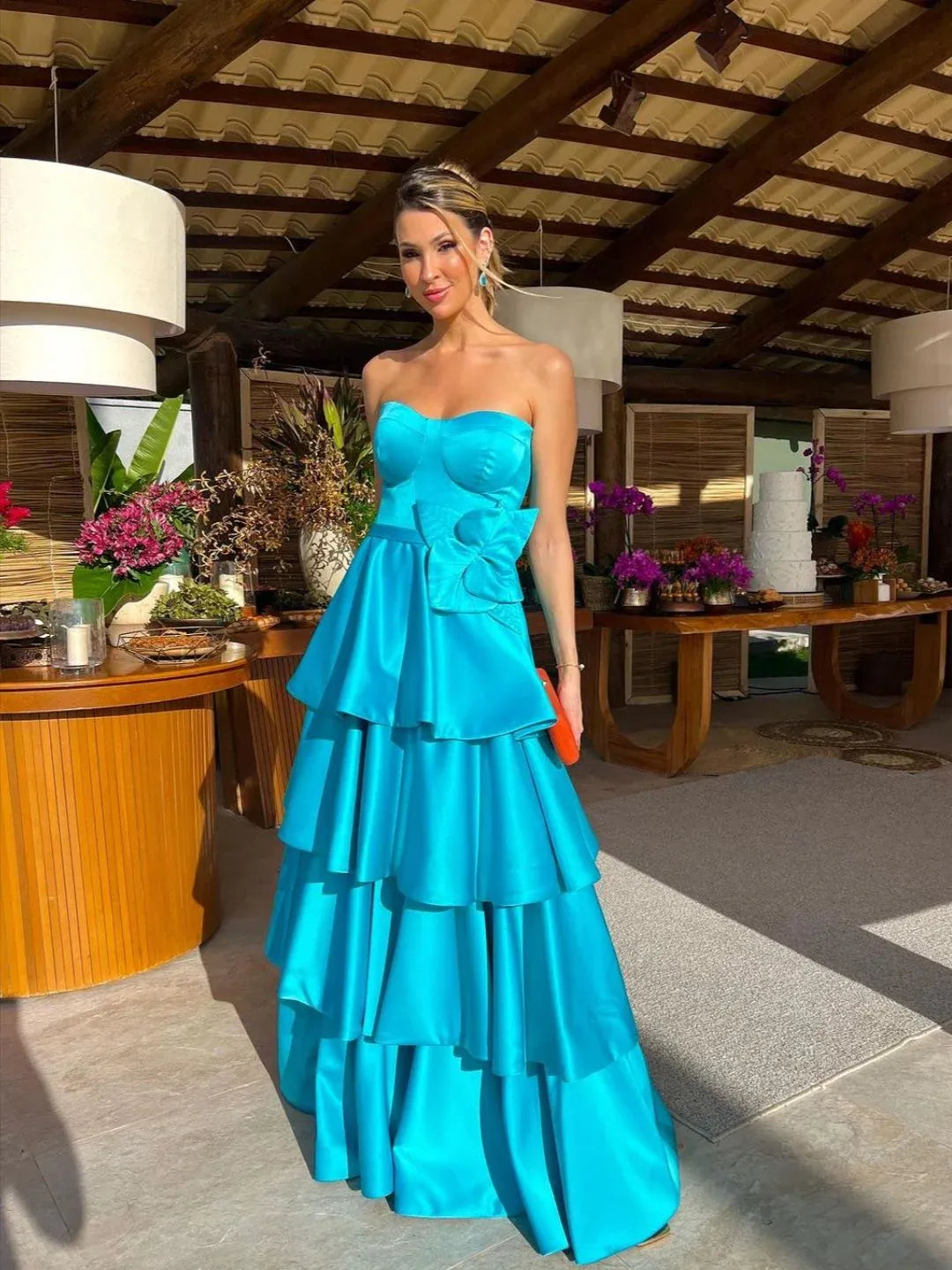Vibrant A-Line Strapless Sleeveless Tiered Turquoise Long Prom Dress for Women For Sale