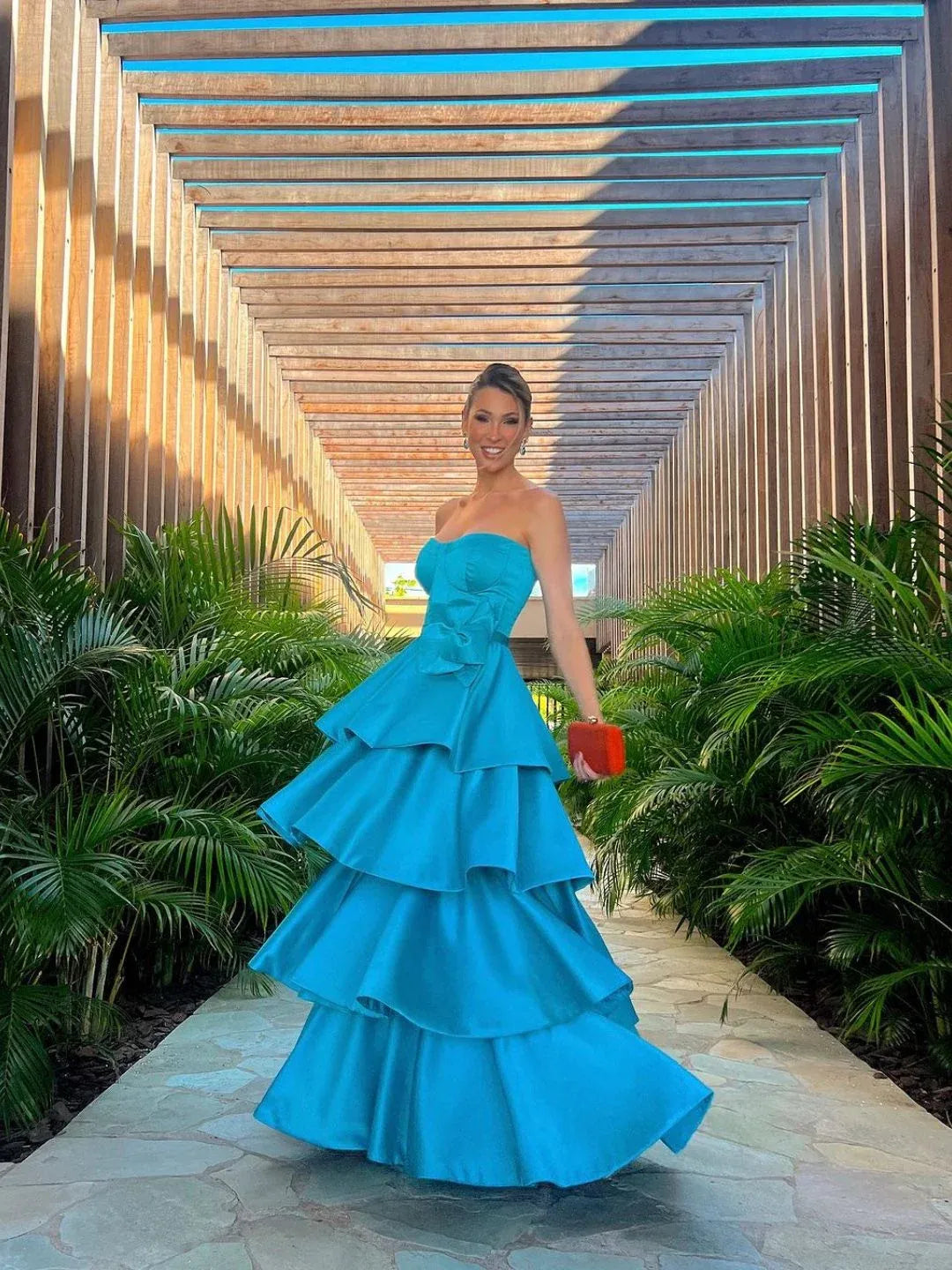 Vibrant A-Line Strapless Sleeveless Tiered Turquoise Long Prom Dress for Women For Sale