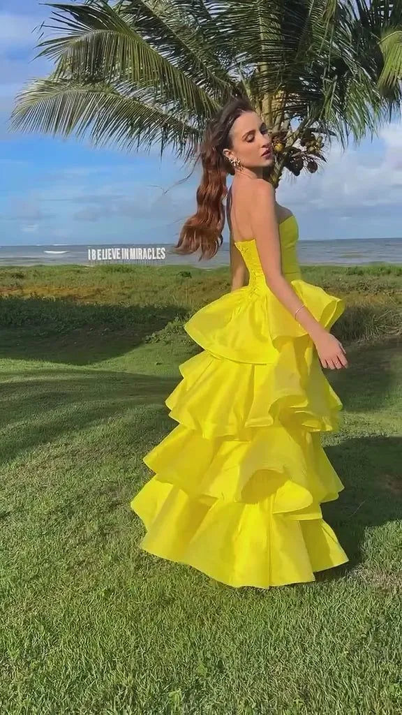 Vibrant A-Line Strapless Sleeveless Tiered Yellow Long Prom Dress for Women Hot Sale