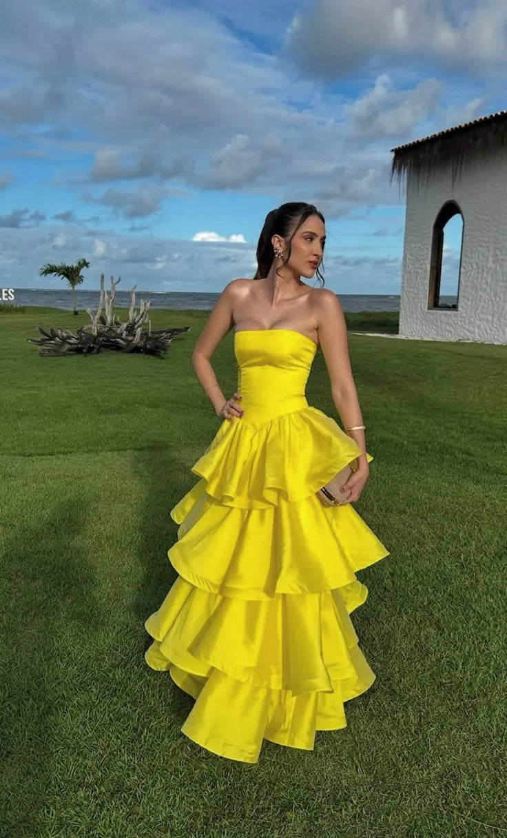 Vibrant A-Line Strapless Sleeveless Tiered Yellow Long Prom Dress for Women Hot Sale