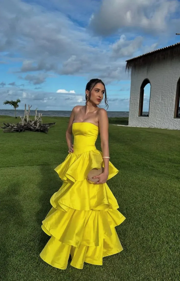 Vibrant A-Line Strapless Sleeveless Tiered Yellow Long Prom Dress for Women Hot Sale