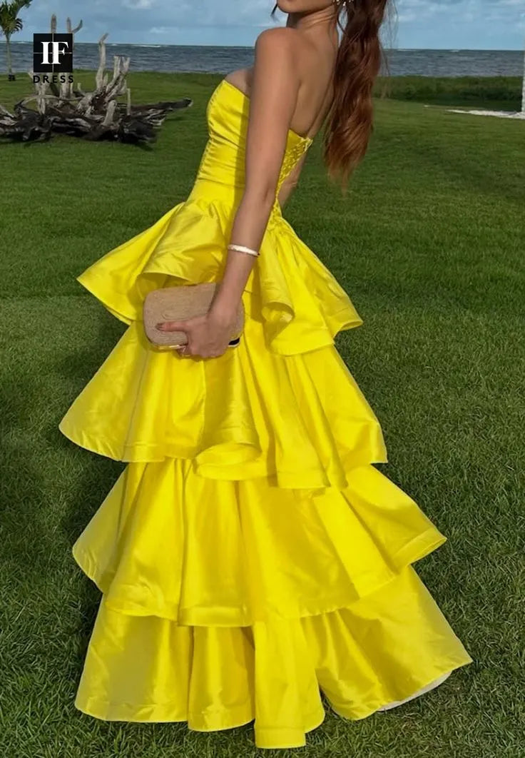 Vibrant A-Line Strapless Sleeveless Tiered Yellow Long Prom Dress for Women Hot Sale