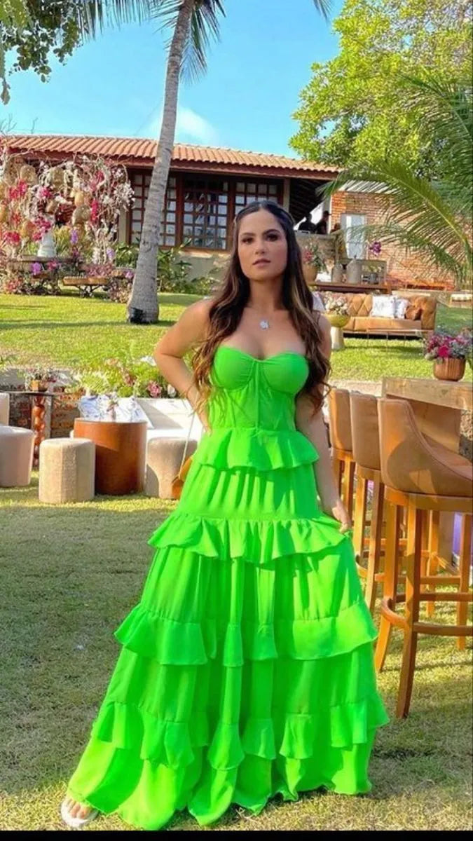 Vibrant A-Line Strapless Tiered-Ruffle Chiffon Neon Green Maxi Evening Dress for Women