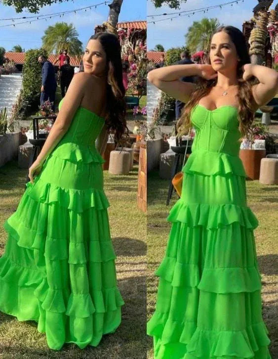 Vibrant A-Line Strapless Tiered-Ruffle Chiffon Neon Green Maxi Evening Dress for Women