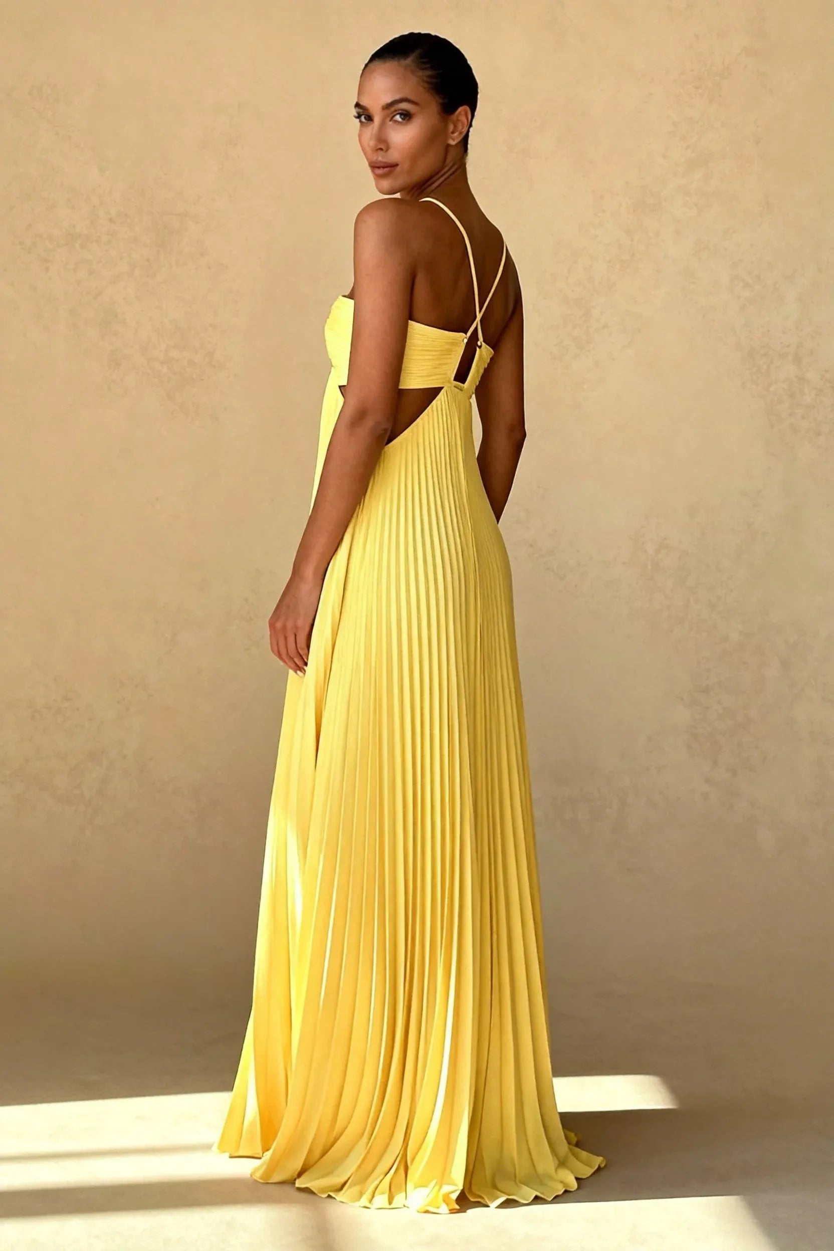 Vibrant A-Line Strappy Cutout Pleated Yellow Floor-Length Prom Dress hot sale