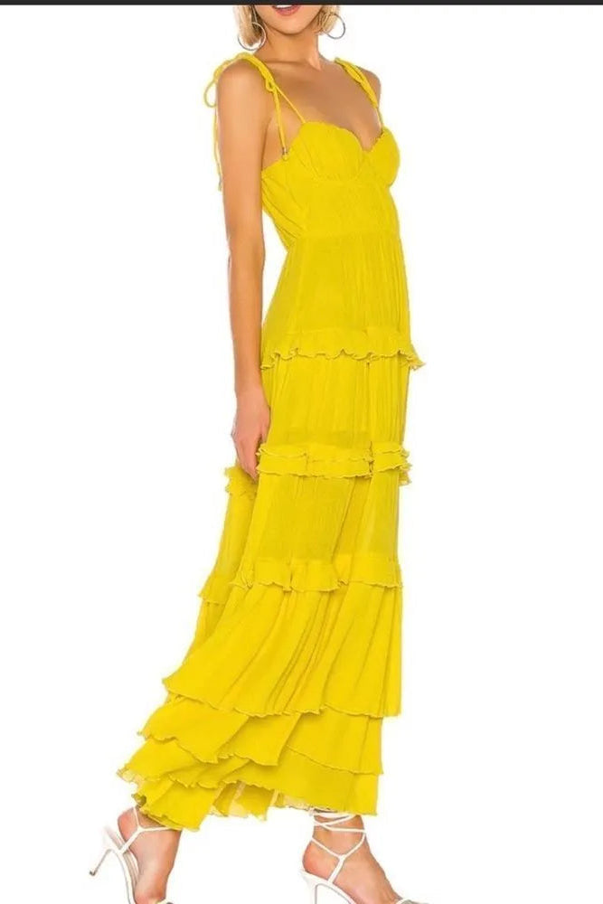 Vibrant A-Line Sweetheart Neck Tiered Ruffled Chiffon Yellow Floor-Length Prom Dress