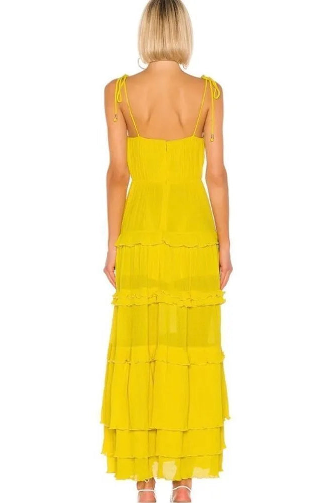 Vibrant A-Line Sweetheart Neck Tiered Ruffled Chiffon Yellow Floor-Length Prom Dress