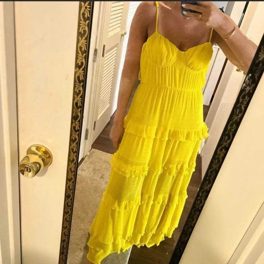 Vibrant A-Line Sweetheart Neck Tiered Ruffled Chiffon Yellow Floor-Length Prom Dress