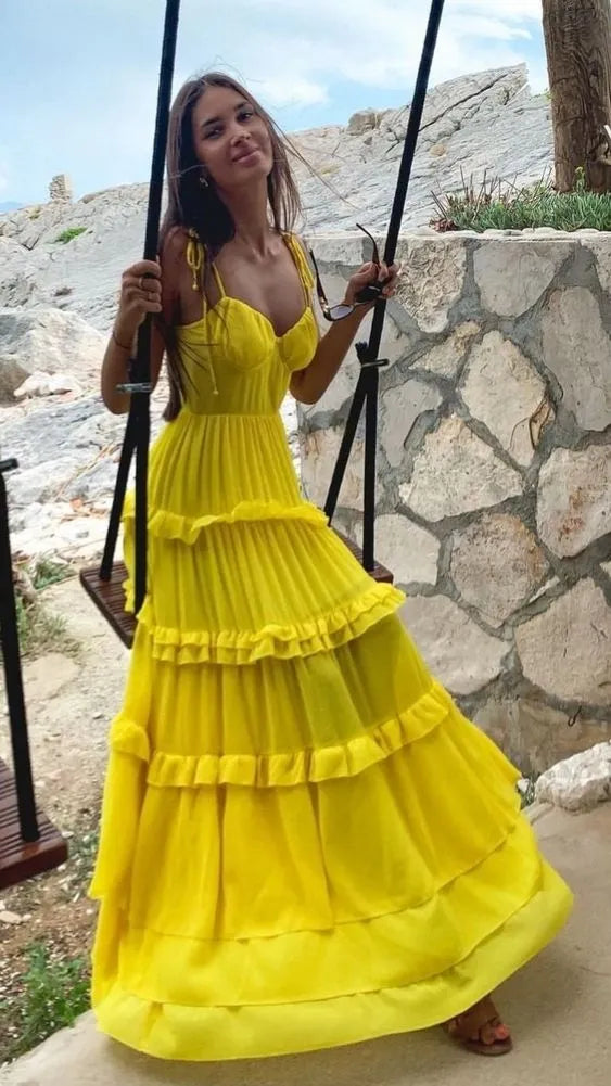 Vibrant A-Line Sweetheart Neck Tiered Ruffled Chiffon Yellow Floor-Length Prom Dress