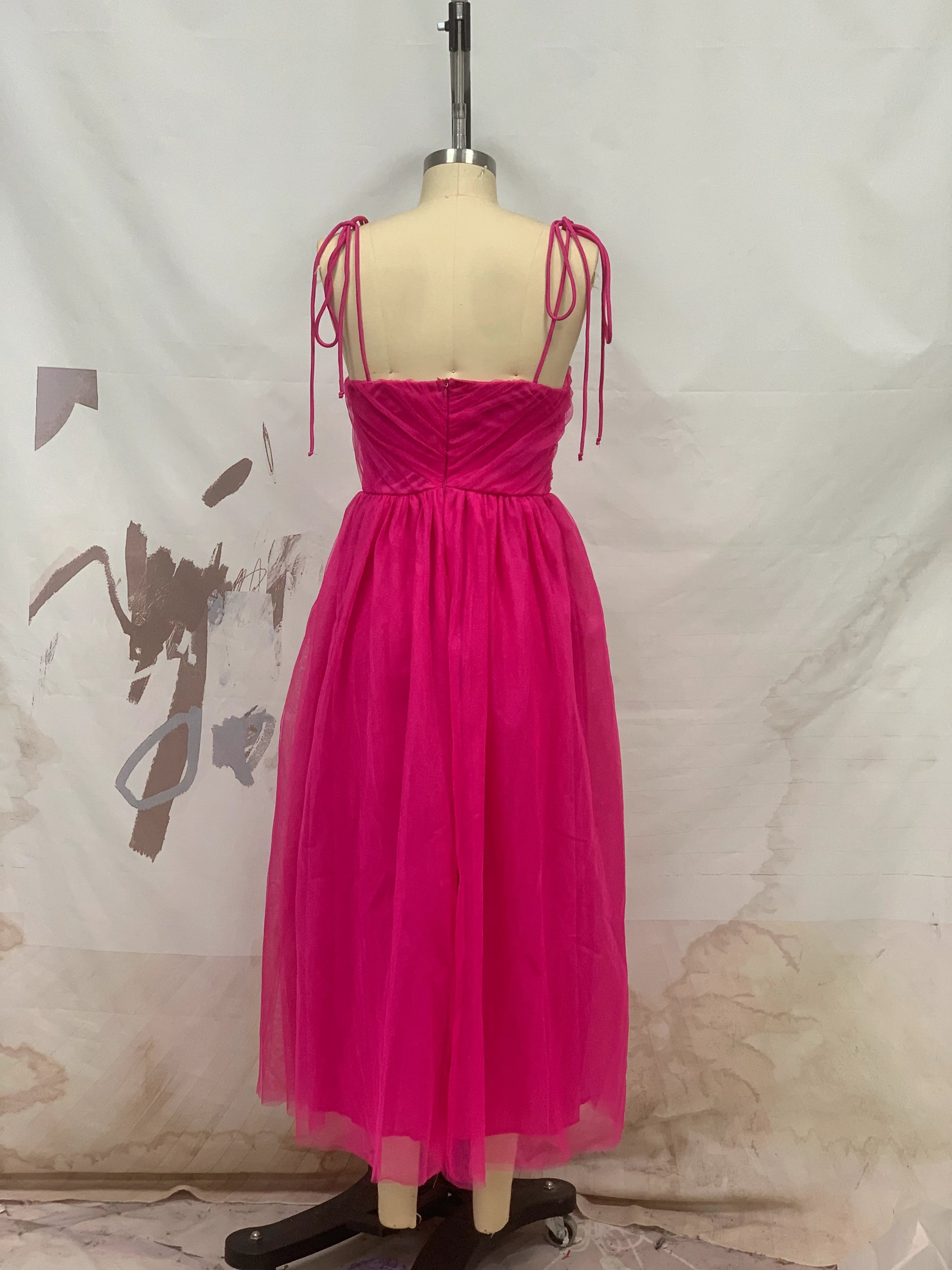 Vibrant A-Line Sweetheart Sleeveless Tie-Strap Fuchsia Midi Prom Dress for Women Ready to Ship