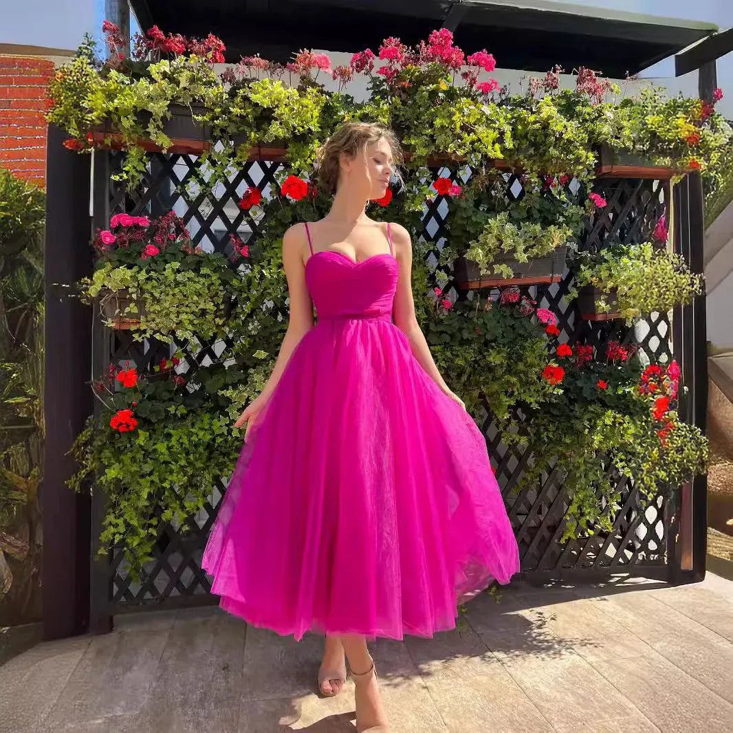Vibrant A-Line Sweetheart Sleeveless Tie-Strap Fuchsia Midi Prom Dress for Women Ready to Ship