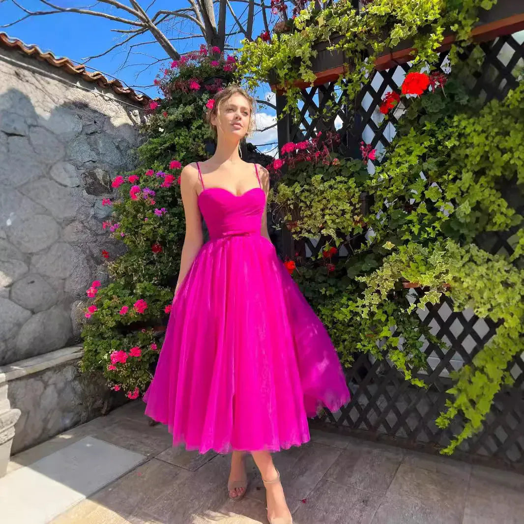 Vibrant A-Line Sweetheart Sleeveless Tie-Strap Fuchsia Midi Prom Dress for Women Ready to Ship