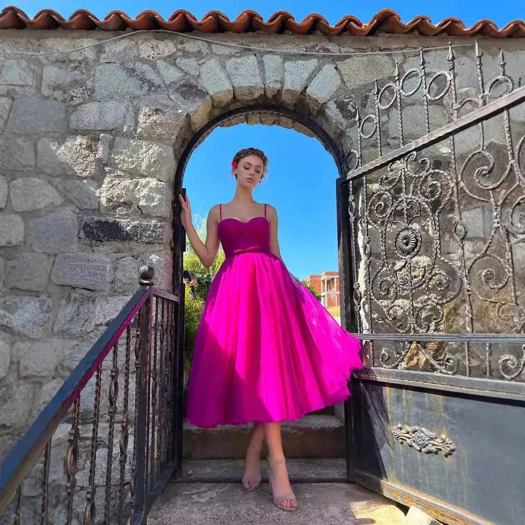 Vibrant A-Line Sweetheart Sleeveless Tie-Strap Fuchsia Midi Prom Dress for Women Ready to Ship