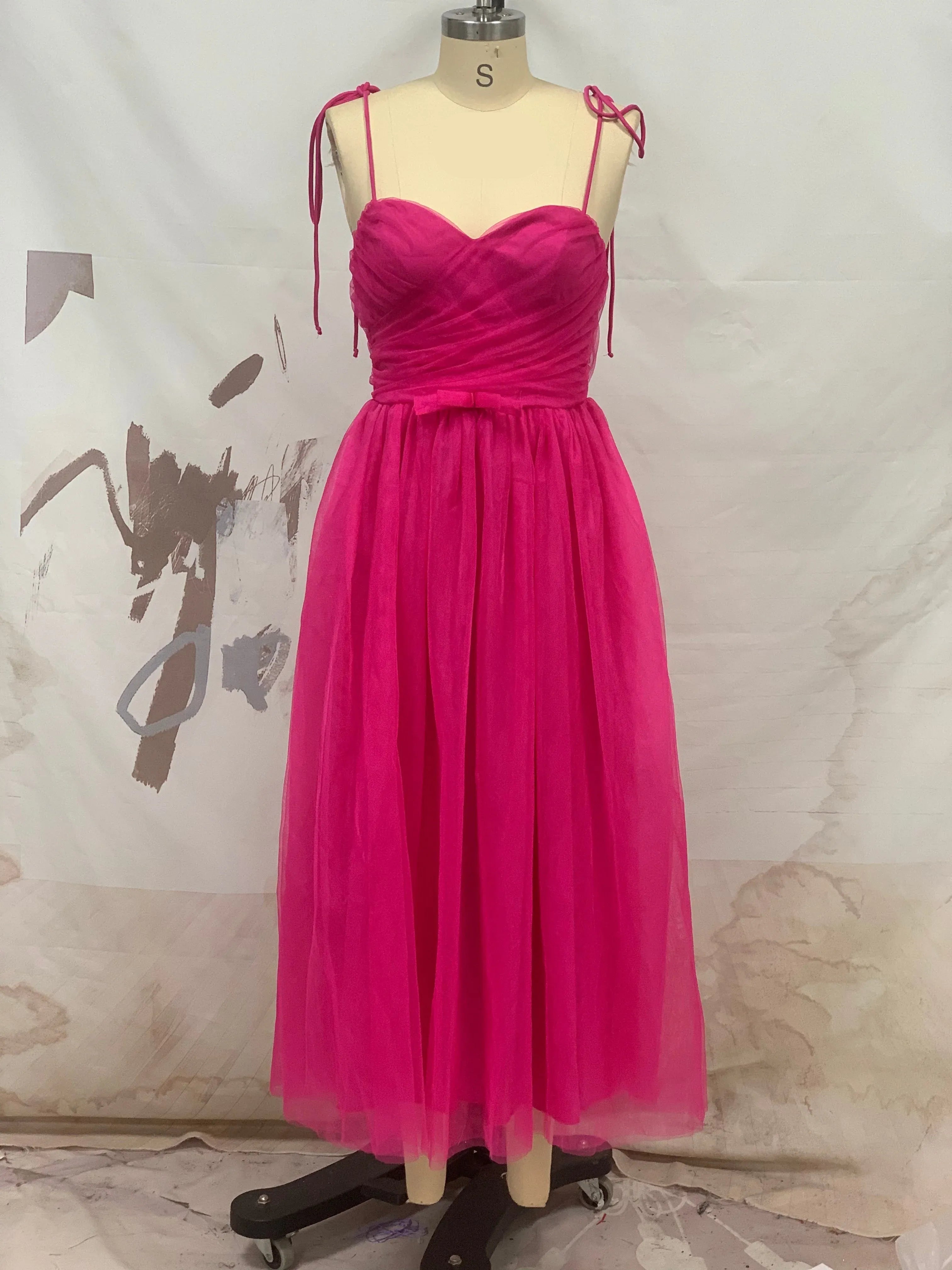 Vibrant A-Line Sweetheart Sleeveless Tie-Strap Fuchsia Midi Prom Dress for Women Ready to Ship