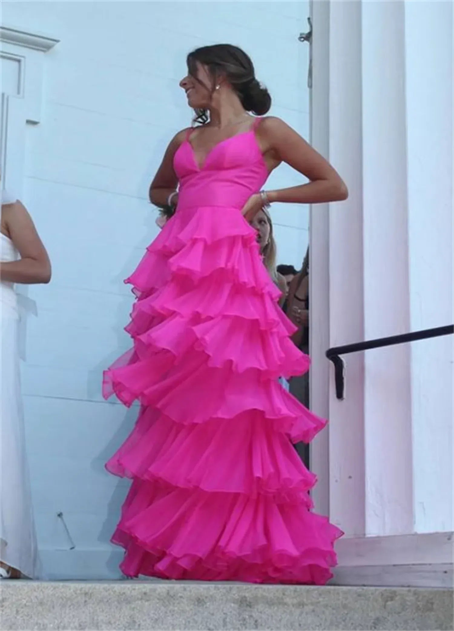 Vibrant A-Line V-Neck Sleeveless Ruffled Chiffon Hot Pink Floor-Length Evening Dress for Women