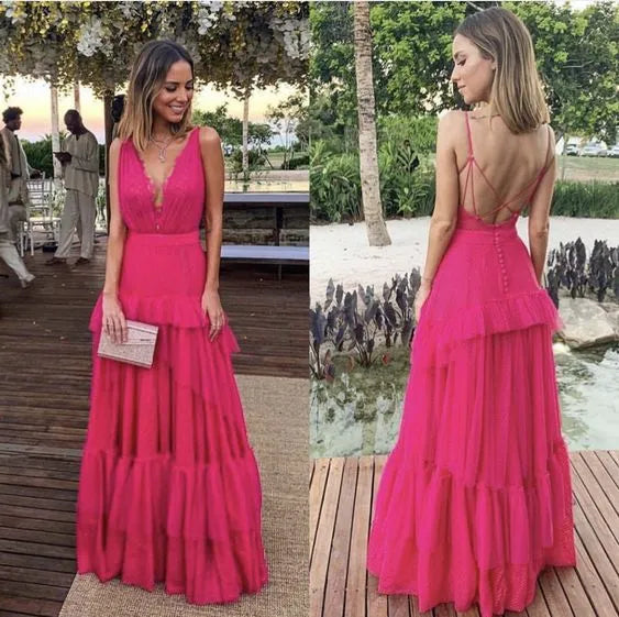 Vibrant A-Line V-Neck Sleeveless Tiered Ruffled Tulle Hot Pink Floor-Length Prom Dress