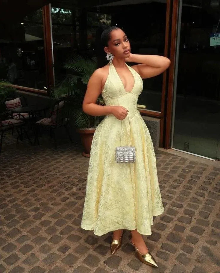 Vibrant A-line Halter Neck Sleeveless Lace Jacquard Yellow Midi Prom Dress
