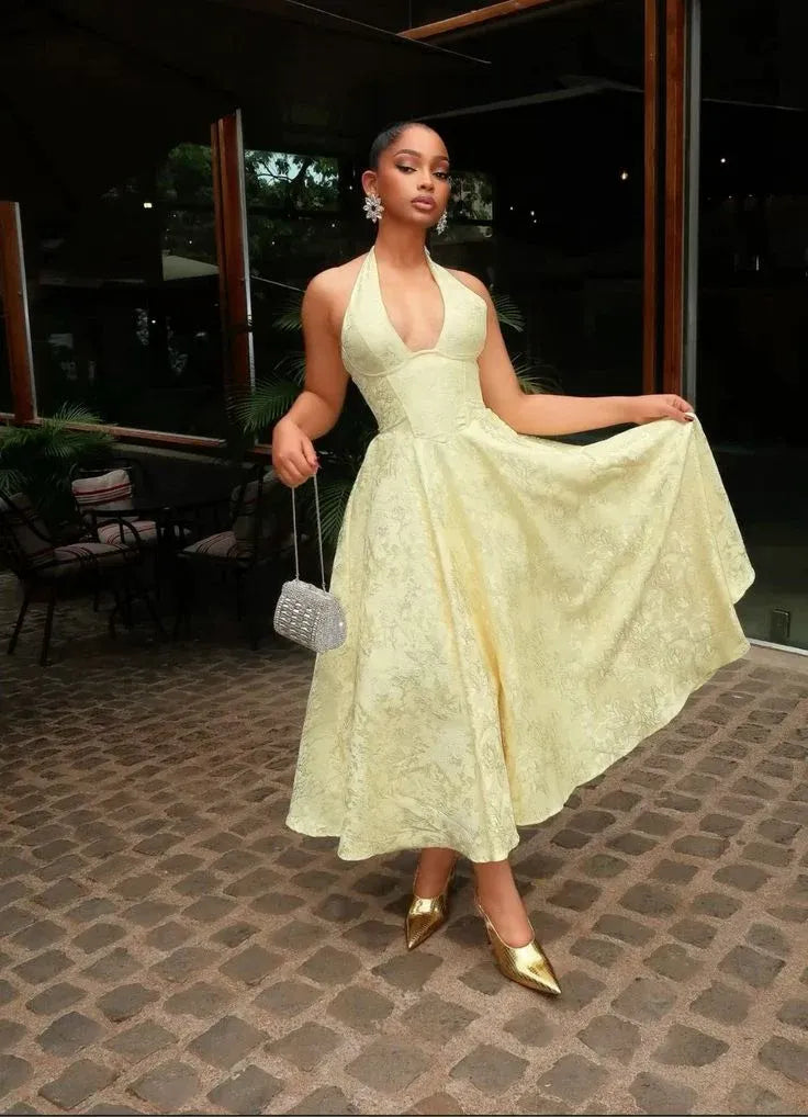 Vibrant A-line Halter Neck Sleeveless Lace Jacquard Yellow Midi Prom Dress