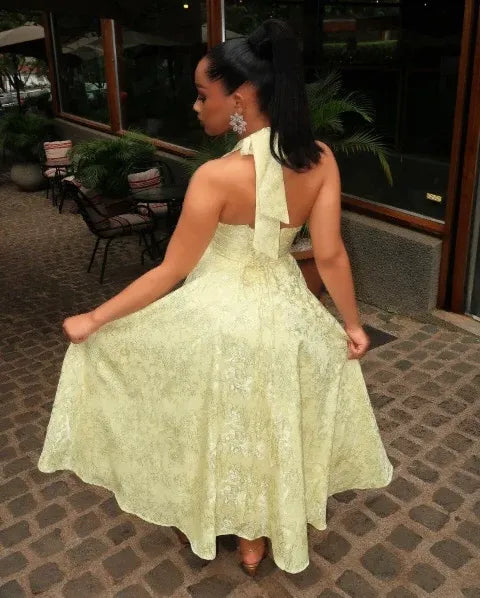 Vibrant A-line Halter Neck Sleeveless Lace Jacquard Yellow Midi Prom Dress