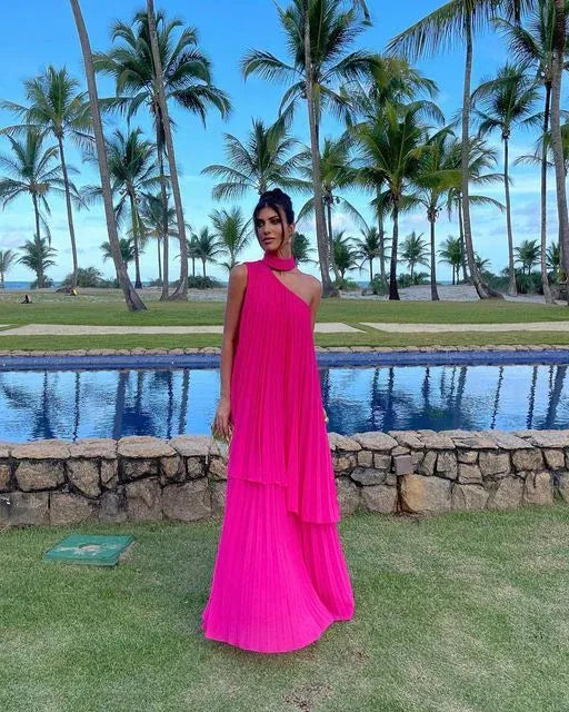 Vibrant A-line One-shoulder Pleated Hot Pink Floor Prom Dress For Sale