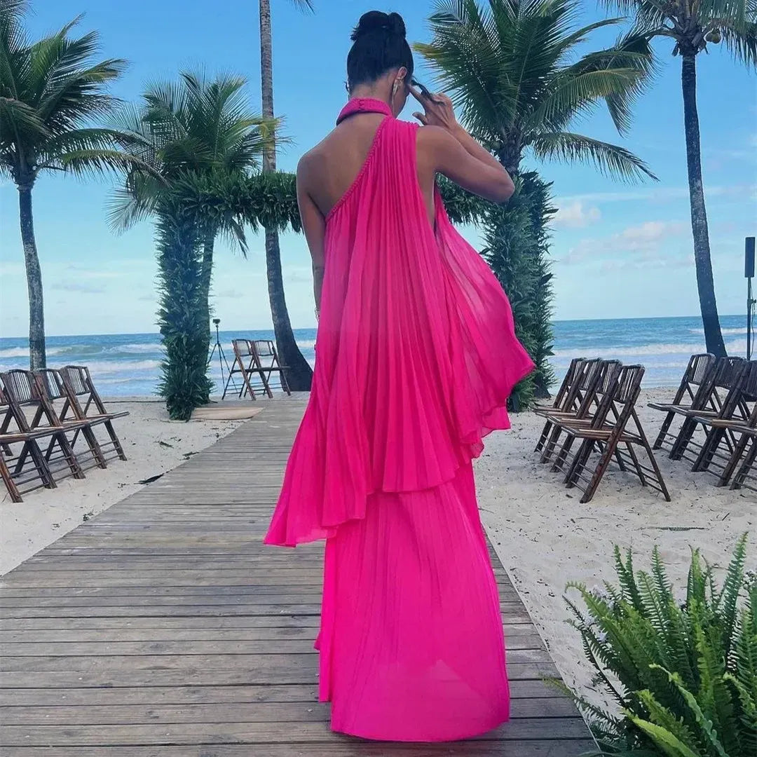 Vibrant A-line One-shoulder Pleated Hot Pink Floor Prom Dress For Sale