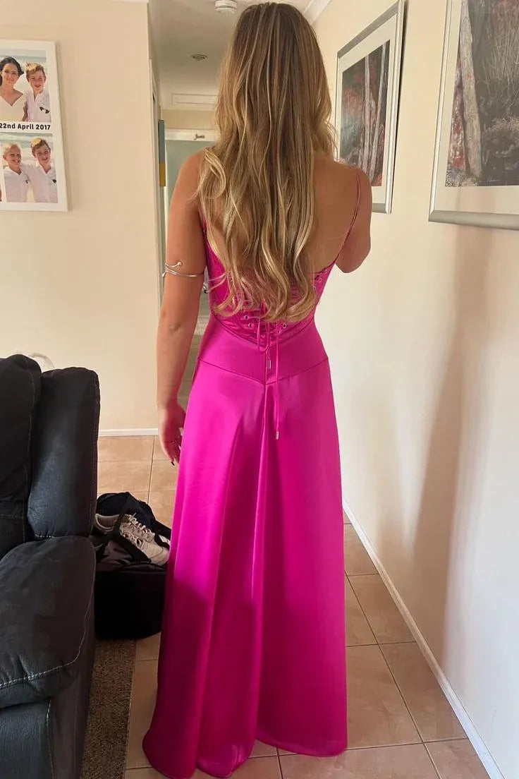 Vibrant A-line Square-neck Sleeveless Lace-up Back Hot Pink Floor-length Prom Dress for Women Ready to Ship