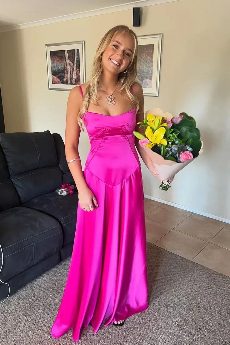 Vibrant A-line Square-neck Sleeveless Lace-up Back Hot Pink Floor-length Prom Dress for Women Ready to Ship
