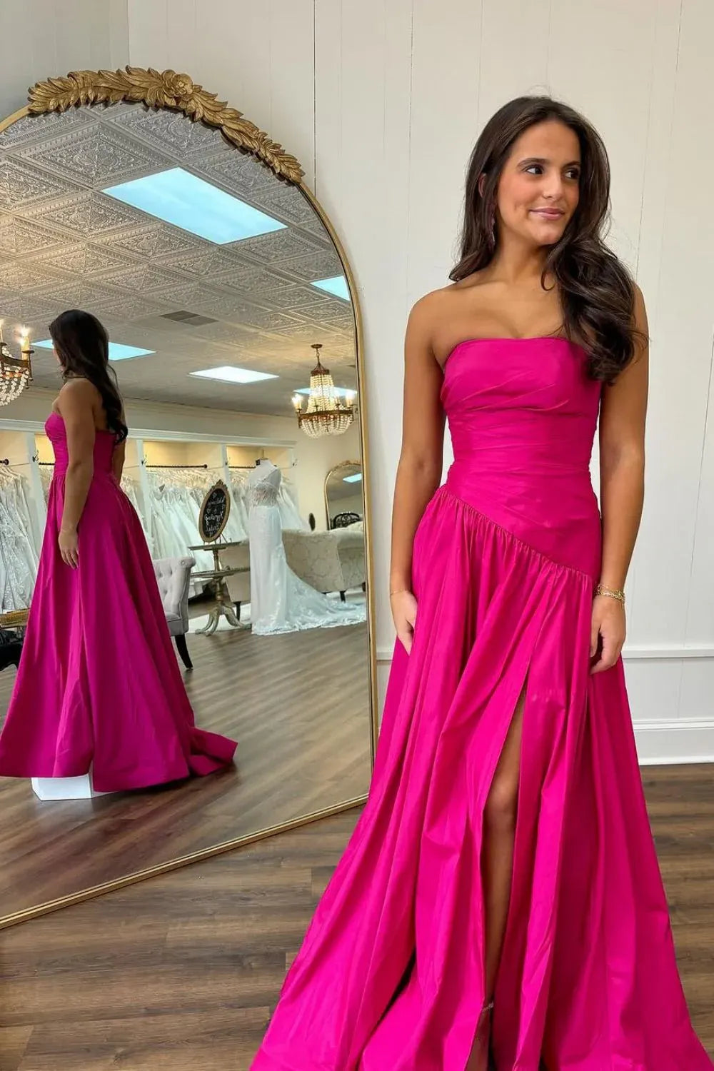 Vibrant A-line Strapless Sleeveless Ruched Satin Fuchsia Floor-Length Evening Dress For Women