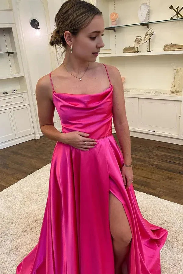 Vibrant A Line Cowl Neck Lace Up Pocket Hot Pink Train Prom Dress For Women Hot Sale
