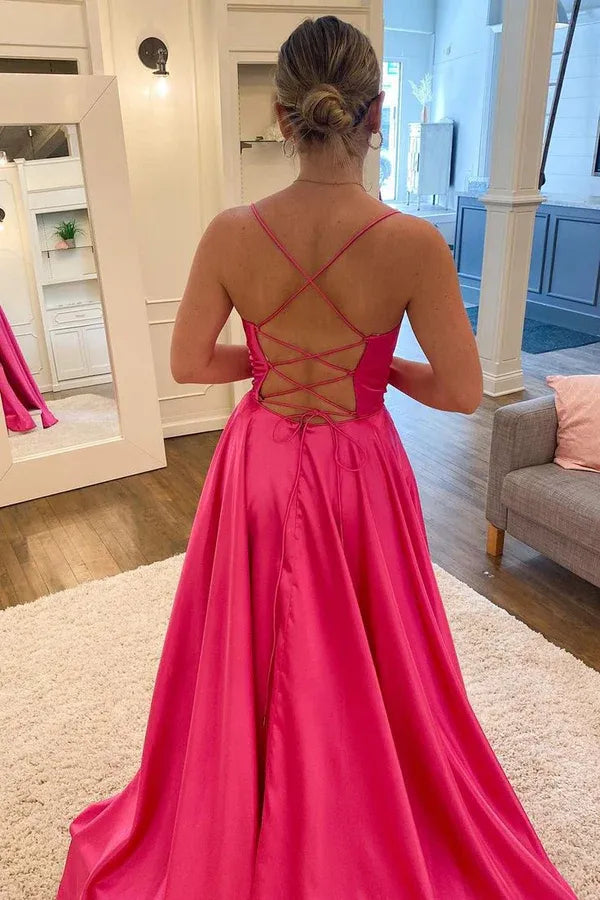 Vibrant A Line Cowl Neck Lace Up Pocket Hot Pink Train Prom Dress For Women Hot Sale