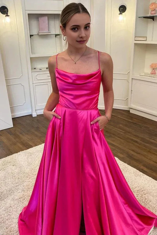 Vibrant A Line Cowl Neck Lace Up Pocket Hot Pink Train Prom Dress For Women Hot Sale