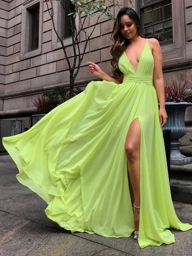 Vibrant A Line V Neck Ruched Chiffon Lime Green Maxi Prom Dress With Slit
