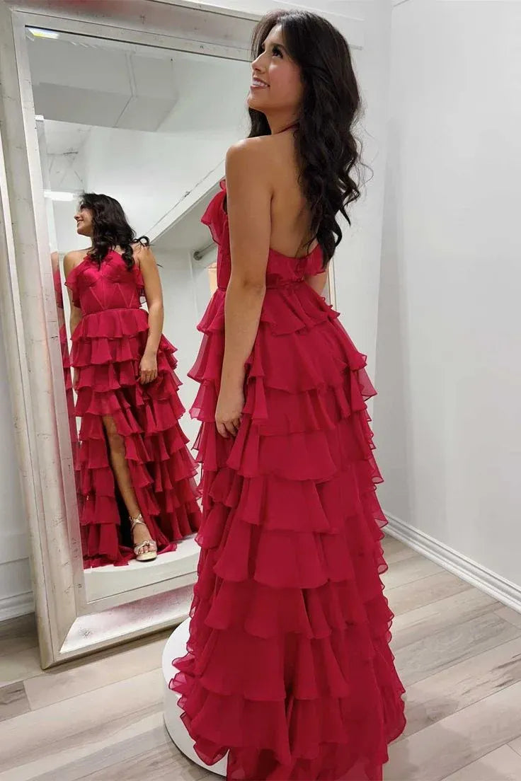 Vibrant Ballgown Halter-Neck Sleeveless Ruffled Magenta Floor-Length Prom Dress for Women