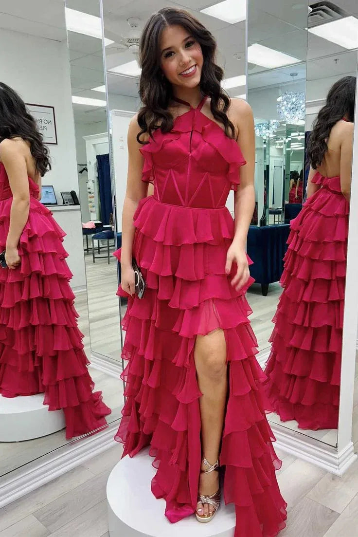 Vibrant Ballgown Halter-Neck Sleeveless Ruffled Magenta Floor-Length Prom Dress for Women