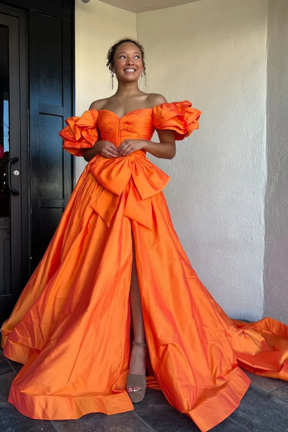 Vibrant Ballgown Off-the-Shoulder Ruffled Satin Orange Floor-Length Evening Dress For Women