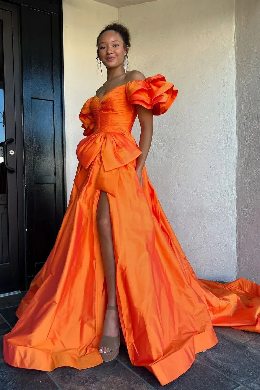 Vibrant Ballgown Off-the-Shoulder Ruffled Satin Orange Floor-Length Evening Dress For Women