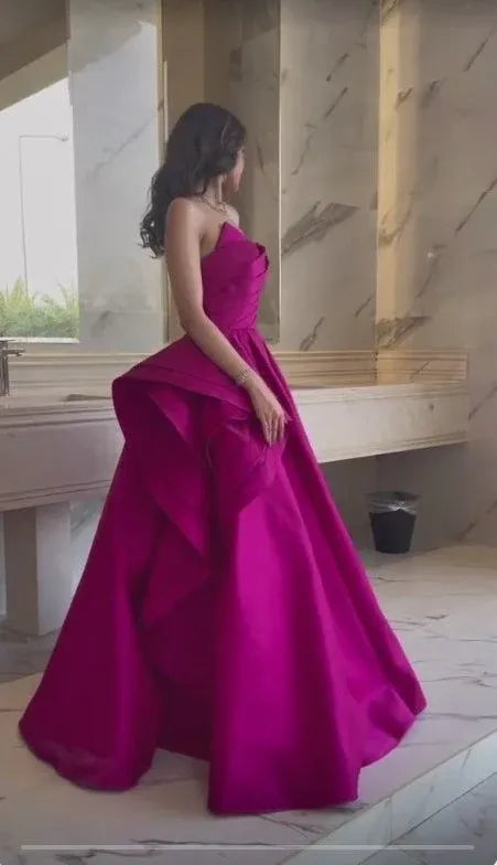 Vibrant Ballgown Strapless Sleeveless Ruffled Satin Fuchsia Floor-Length Evening Dress for Women