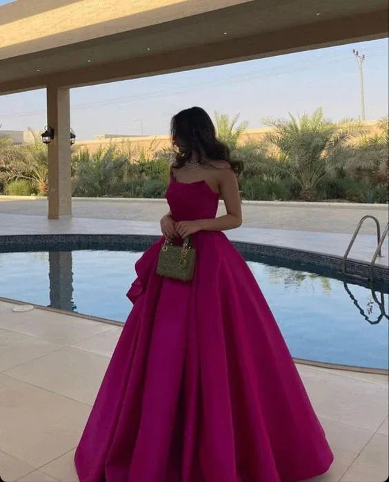 Vibrant Ballgown Strapless Sleeveless Ruffled Satin Fuchsia Floor-Length Evening Dress for Women