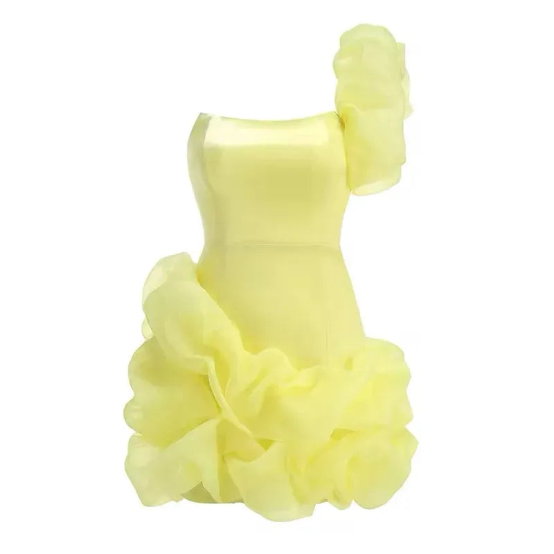 Vibrant Bodycon One-Shoulder Ruffle Organza Yellow Short Homecoming Dress