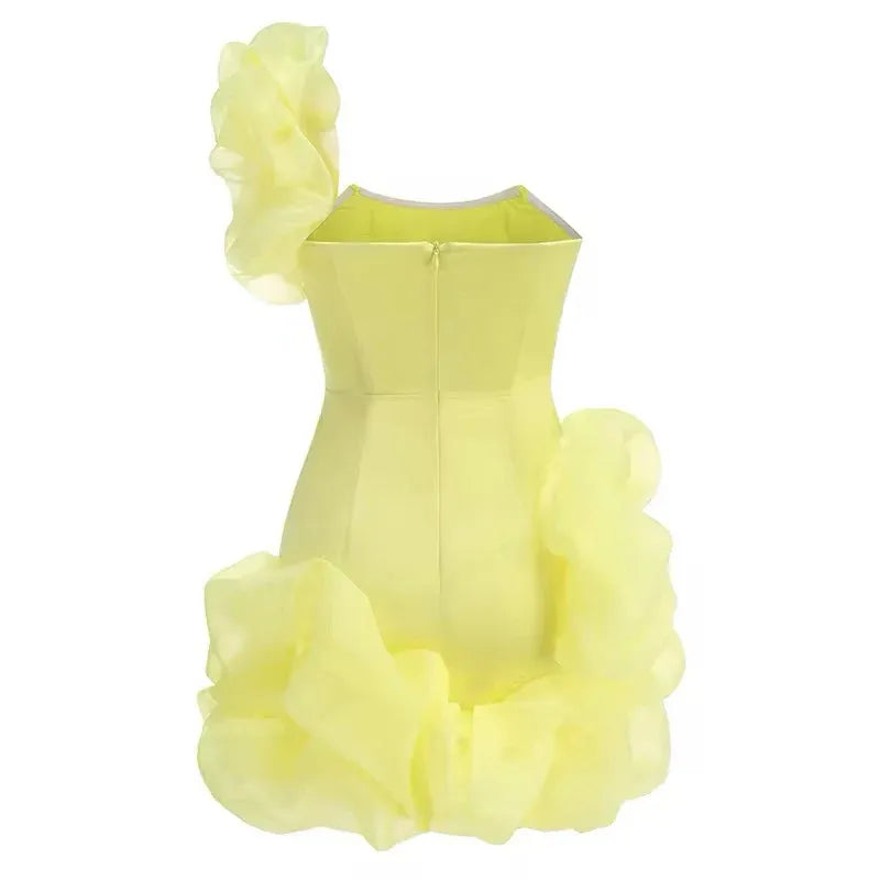 Vibrant Bodycon One-Shoulder Ruffle Organza Yellow Short Homecoming Dress