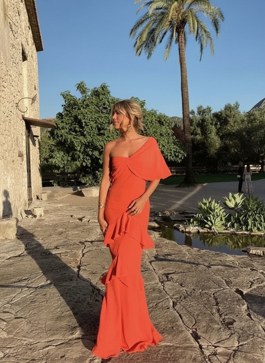 Vibrant Chiffon Long Evening Dress Coral One-Shoulder Ruffle-Sleeve Party Gown for Women