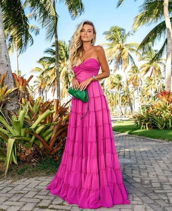 Vibrant Chiffon Long Evening Dress Fuchsia Strapless Tiered Ruffle for Women