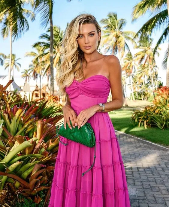 Vibrant Chiffon Long Evening Dress Fuchsia Strapless Tiered Ruffle for Women