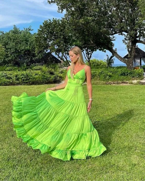 Vibrant Chiffon Long Evening Dress Neon Green V-Neck Spaghetti Sleeve for Women