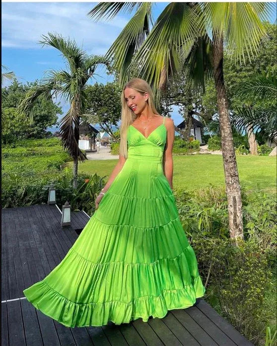 Vibrant Chiffon Long Evening Dress Neon Green V-Neck Spaghetti Sleeve for Women
