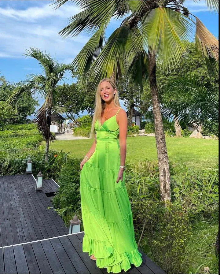 Vibrant Chiffon Long Evening Dress Neon Green V-Neck Spaghetti Sleeve for Women