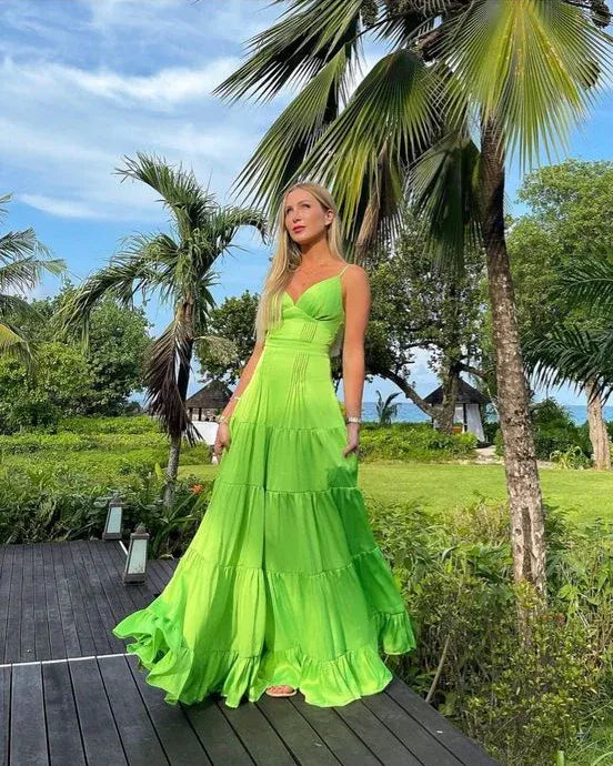 Vibrant Chiffon Long Evening Dress Neon Green V-Neck Spaghetti Sleeve for Women