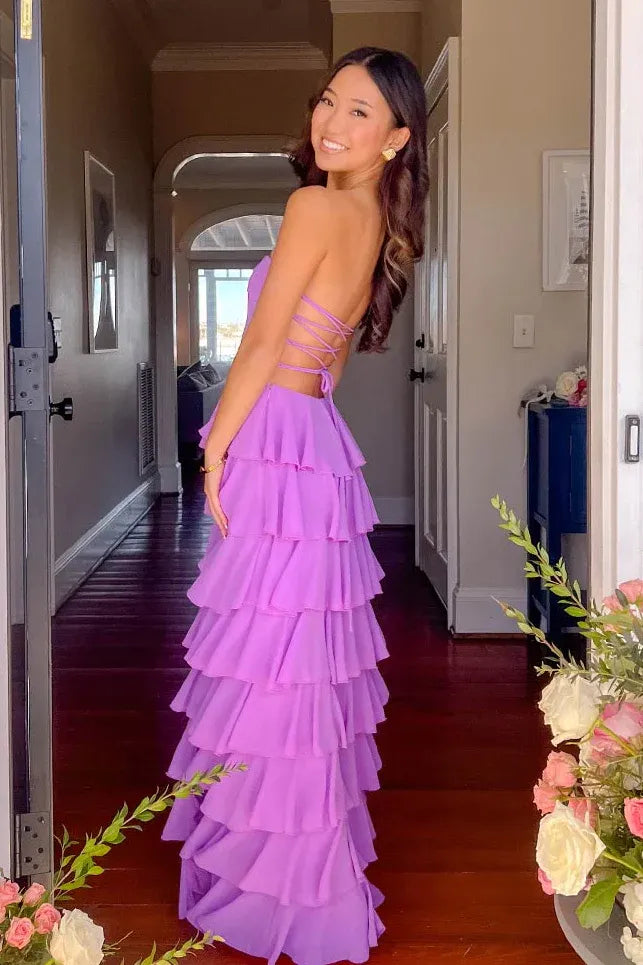 Vibrant Chiffon Long Evening Dress Purple Strapless Ruffled Party Gown for Women